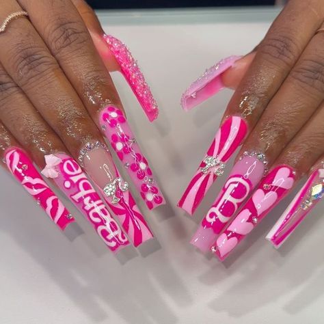 Pink Nails With Diamonds, Camo Nails, Barbie Nails, Baby Pink Nails, Movie 2023, Curved Nails, Hot Pink Nails, Drip Nails, Nails Design With Rhinestones