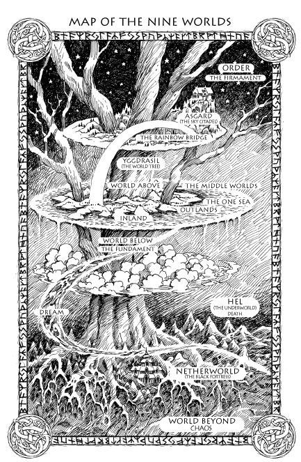 Old Norse Cosmology: Map of the Nine Worlds as depicted in the fantasy series Runemarks by JoAnne Harris Fantasy Map Making, Fantasy World Map, Norse Myth, Ancient Mythology, Old Norse, Norse Vikings, Fantasy Map, Illustrated Map, Norse Mythology