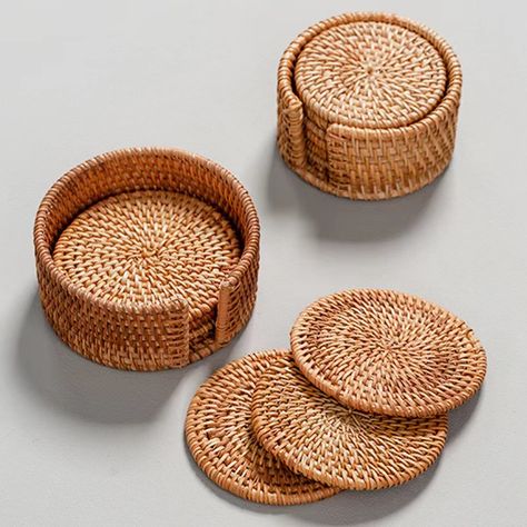 Natural Cup Mat With Storage Box Hand Woven Placemat Braided Mat Heat Resistant Natural Rattan Hot Rattan Weave, Tea Coaster, Woven Placemats, Cup Mat, Woven Rattan, Tableware Collection, Box Hand, Kitchen Dishes, Tableware Set