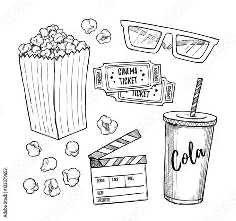 Film Elements, Ticket Drawing, Cinema Ticket, 3d Glasses, Hand Drawn Vector Illustrations, Short Square Acrylic Nails, Sketch Style, Hand Drawn Vector, Square Acrylic Nails