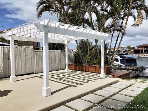 Elegant White Hampton's Style Pergola - Raby Bay, QLD Pool Pergola Ideas Cabanas, Hampton Exterior, Gazebos And Pergolas, Hamptons Pool, Pool Gazebo, Pool Pergola, White Pergola, Weatherboard House, Sloped Yard