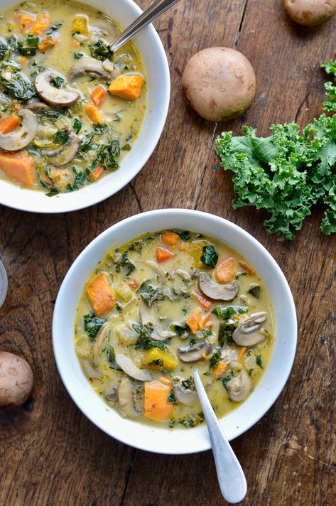 Creamy Vegetable Soup Dairy Free, Mushroom Carrot Soup, Kale And Mushroom Soup, Mushroom Cabbage Soup, Vegetable Soup With Mushrooms, Kale Mushroom Soup, Aip Vegetable Soup, Mushroom Kale Soup, Broccoli Mushroom Soup