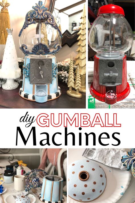 Gumball Machine Repurpose, Gum All Machine Ideas, Repurposed Gumball Machine, Gumball Machine Makeover, Diy Bubble Gum Machine, Painted Gumball Machine, Gumball Machine Ideas, Wood U Bend, Bubble Gum Machine Craft