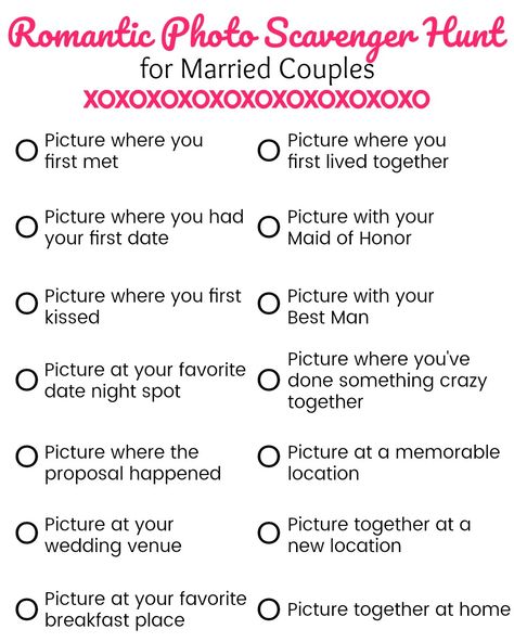 Romantic Photo Scavenger Hunt for Married Couples Scavenger Hunt Ideas For Boyfriend, Boyfriend Scavenger Hunt, Anniversary Scavenger Hunts, Romantic Scavenger Hunt, Kasey Trenum, Scavenger Hunt Riddles, Scavenger Hunt Ideas, Valentine Kids, Scavenger Hunt Birthday