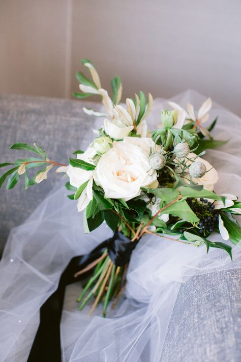 White and Green Bridal Bouquet with Black Ribbon White Bouquet Black Ribbon, Black Ribbon Bouquet, Bouquet With Black Ribbon, Bridal Bouquet With Black, Bridal Bouquet Green, Teal Wedding Flowers, White And Green Bridal Bouquet, Wedding Bouquet Ribbon, Green Bridal Bouquet