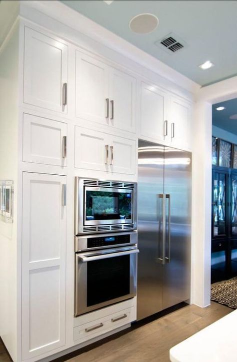 As you can see, it isn’t too hard to fit cabinets around the refrigerator in an efficient way! More decor and other interesting ideas at hackthehut.com Modern Kitchen Cabinet Design, Nook Ideas, New Kitchen Cabinets, Kitchen Cabinets Makeover, Classic Kitchen, White Kitchen Design, Modern Kitchen Cabinets, Kitchen Nook, White Modern Kitchen