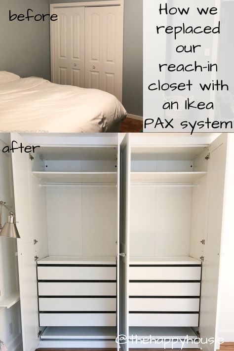 Shared Reach In Closet Ideas, Efficient Small Closet Layout, Ikea Closet Cabinets, Double Reach In Closet Makeover, Ikea Pax Inside Closet, Ikea Closet Makeover, Reach In Closet Ideas With Sliding Doors, How To Widen Closet Opening, Reach In Closet Organization