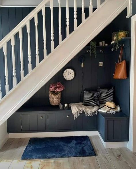 Cottage Under Stairs Storage, Under Stair Decor, Blue Stair Panelling, Storage With Seating, Banquette Entree, Under Stairs Storage Dog Bed, Dark Blue Carpet Stairs, Stair Corner, Under Stairs Storage Victorian House