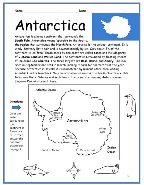 Worksheet with flag and a simple map of Antarctica. Canada Worksheet, Antarctica Crafts For Kids, Antarctica Continent, Antarctica Activities, Antarctica Map, Geography Printables, Continent Boxes, Homeschool Materials, Homeschool Binder