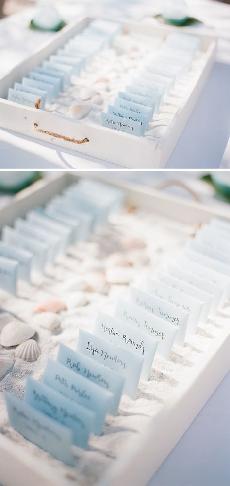 Beach Theme Place Cards, Beach Wedding Unique Ideas, Casual Beach Wedding Reception, Beach Reception Tables, Beach Theme Seating Chart, Diy Coastal Wedding Decor, Nautical Seating Chart Wedding, Seashell Seating Chart, Beach Wedding Set Up