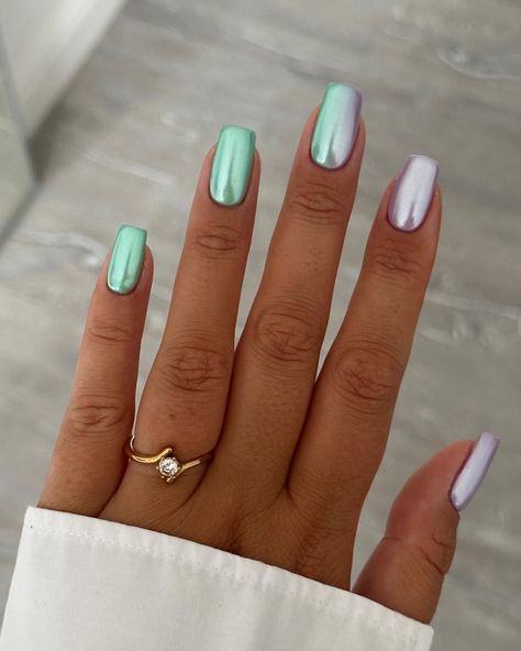 Purple Chrome Nails, Purple Ombre Nails, Teal Nails, Turquoise Nails, Chrome Nails Designs, Summery Nails, Mermaid Nails, Cat Kuku, Chrome Nails