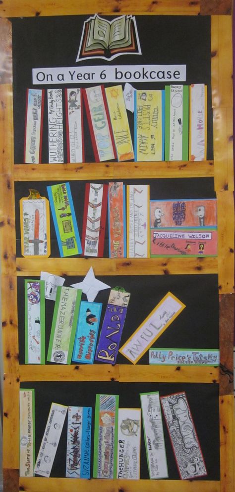 Year 6 made a spine of their favourite book to be displayed on this 2D bookcase. Books Read Classroom Display, Year 6 Reading Display, Year 6 Book Corner Ideas, Reading Journey Display, Year 6 Reading Corner, Primary School Library Ideas, Year 6 Classroom Displays, Book Themed Classroom, Bookshelf Classroom