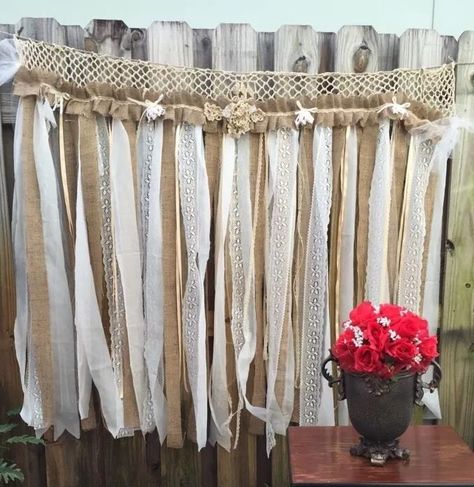 Burlap Wedding Backdrop Garland Reception Lace Party Rustic Shabby Chic #Handmade Burlap Backdrop Ideas, Lace Photo Backdrop, Table On The Wall, Burlap Lace Wedding Table, Rustic Wedding Shoes, Burlap Backdrop, Rustic Wedding Party Favors, Rustic Wedding Backdrop Reception Barn Doors, Lace Tablecloth With Burlap Runner