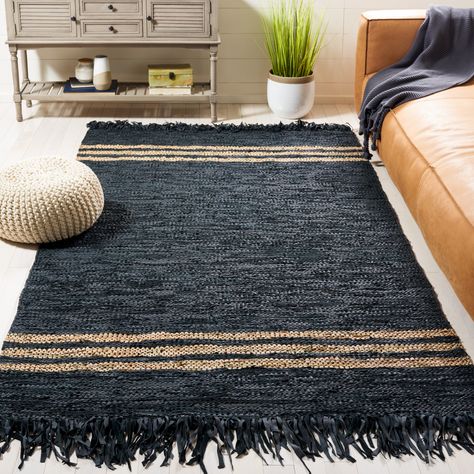 SAFAVIEH Handmade Vintage Leather Lumturie Modern Rug - Bed Bath & Beyond - 36257811 Industrial Rugs Living Room, Black And Brown Rug, Tan And Black Living Room, Black And Tan Rug, Bachelor House Decor, Black Rugs, Leather Rug, Rug Colors, Transitional Area Rugs