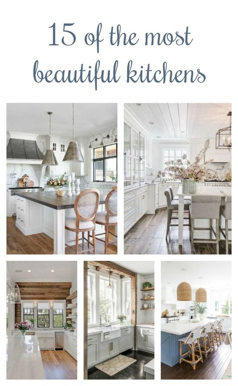 Are you planning a kitchen makeover or dreaming about the day you will be able to overhaul your kitchen. This post contains photos and descriptions of 15 of the most beautiful kitchens. They are all light and bright spaces with classic or farmhouse styling. You'll see ideas for small homes and larger ones. #mostbeautifulkitchens #beautifulkitchens #kitchenmakeover #kitchendecor #kitchendecorideas #kitchenrenovation Most Beautiful Kitchens, Kitchen Lighting Over Table, Timeless Kitchen Design, Kitchen Table Lighting, Farmhouse Kitchen Lighting, Classic White Kitchen, Wood Interior Design, Charming Kitchen, Timeless Kitchen