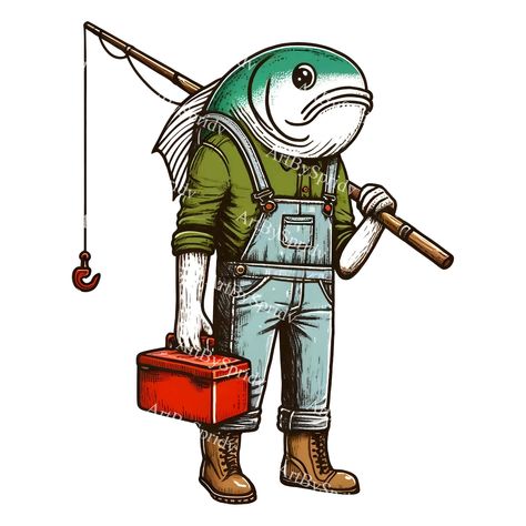 Fishing Art Drawing, Fishing Illustration Art, Fisherman Illustration, Fisherman Art, Fish Character, Fishing Illustration, Fish People, Imaginative Art, Box Png