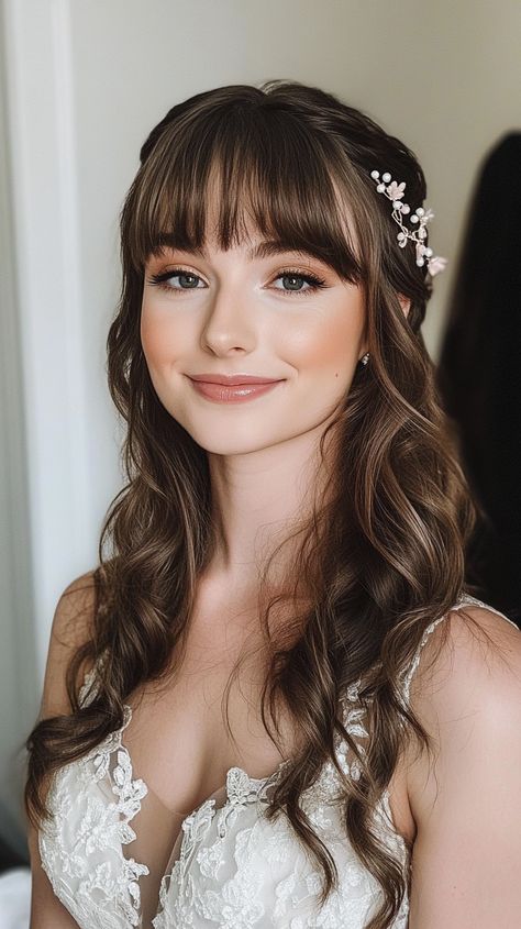 💁 Fashion-Forward Half Up Curls wedding hairstyles half up half down bangs Inspiration 🎭 Wedding Half Up Half Down With Headpiece, Curls Wedding Hairstyles, Half Up Half Down Bangs, Half Up Half Down With Bangs, Medium Length With Bangs, Bangs Inspiration, Half Up Curls, Beautiful Bridal Hair, Elegant Wedding Hair