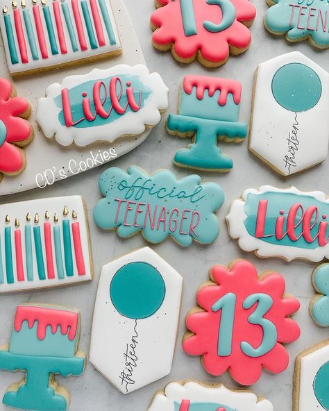 13 Birthday Cookies, 13th Birthday Cookies Decorated, 13th Birthday Cookies, Birthday Sugar Cookies Decorated, Frosted Cookies Designs, Birthday Cookies Decorated, Volleyball Cookies, Fondant Biscuits, 2024 Cookies