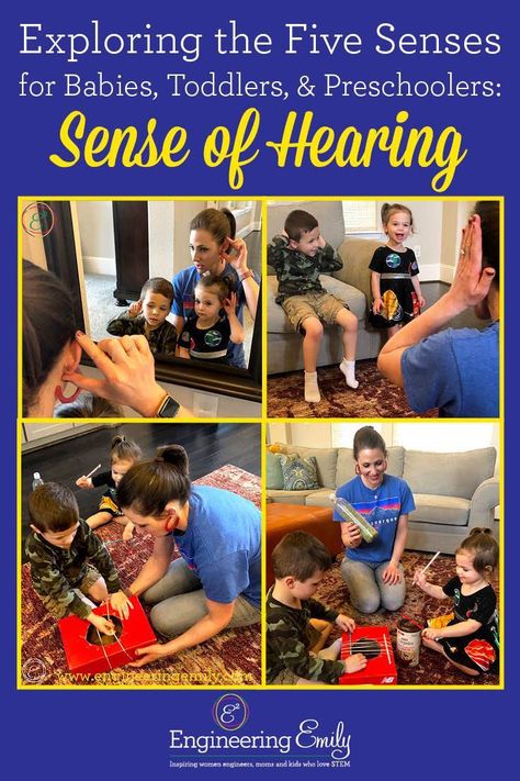 Exploring the Five Senses for Babies, Toddlers, and Preschoolers: Sense of Hearing - Engineering Emily Hearing Sensory Activities, Sense Of Hearing Activity For Preschool, Hearing Preschool Activities, Hearing Sense Activities Preschool, Hearing Activities For Toddlers, Hearing Activities For Preschool, Sense Of Hearing Activities Preschool, Sense Of Hearing Activities, Preschool Senses