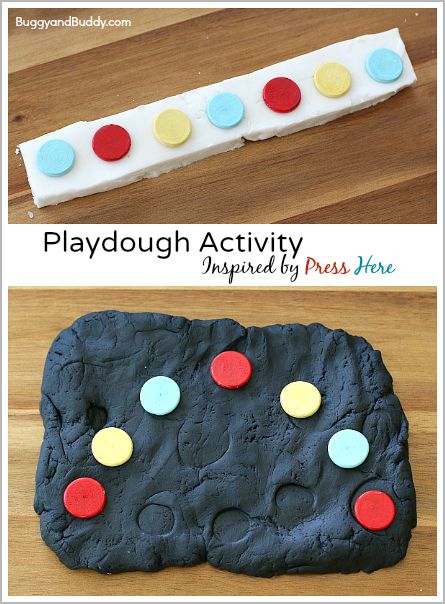 Press Here Inspired Playdough Activity for Kids~ BuggyandBuddy.com Picture Book Activities, Playdough Activities, Sensory Activities Toddlers, Art Therapy Activities, Preschool Books, Toddler Books, Motor Activities, Learning Through Play, Sensory Activities