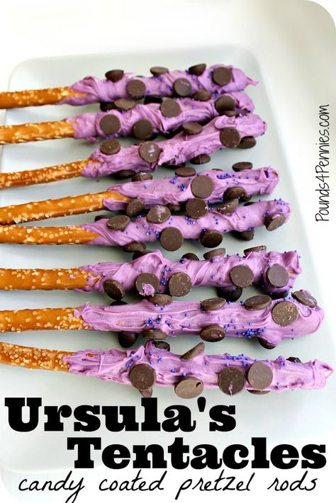 These are so awesome for a Disney Villains party. How fun to make candy coated pretzel rods look like Ursula's tentacles! Also great for a Little Mermaid birthday party. Coated Pretzel Rods, Disney Villains Party, Descendants Party Ideas Birthdays, Disney Villain Party, Disney Descendants Party, How To Make Candy, Villains Party, Ariel Birthday Party, Descendants Party