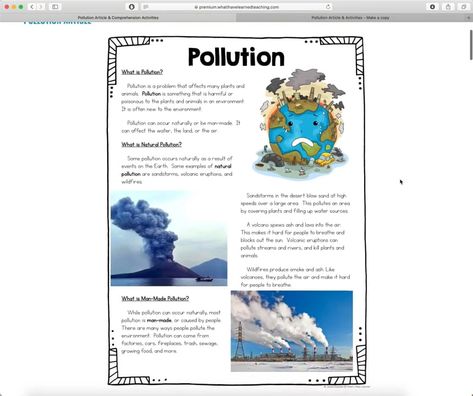 Pollution Article & Comprehension Activites Types Of Pollution, Causes Of Air Pollution, Pollution Poster, Articles Activities, Activities For Elementary Students, Expository Writing, Reading Comprehension Passages, Comprehension Passage, Writing Tasks