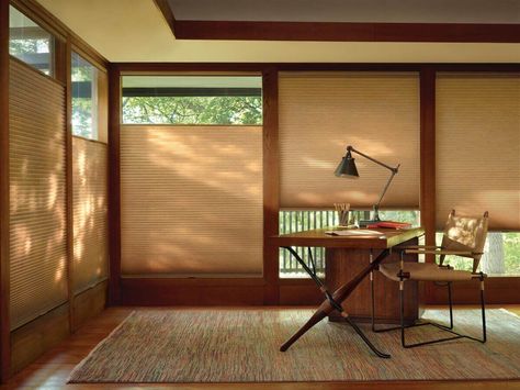 top down bottom up honeycomb shades Craftsman Home Office, Hunter Douglas Blinds, Honeycomb Shades, Blinds Design, House Blinds, Cellular Shades, Hunter Douglas, Wood Blinds, Wooden Blinds