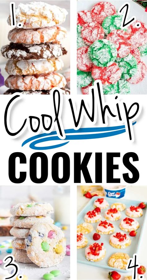 Cake And Whip Cream Cookies, Cookie Recipes With Cool Whip, 4 Ingredient Cool Whip Cookies, Cake Mix Whipped Topping Cookies, Whip Cream Cookies Cake Mixes, Cake Box Cookies With Cool Whip, Cake And Cool Whip Cookies, Cookies Made With Cool Whip Cake Mixes, Cool Whip Crinkle Cookies