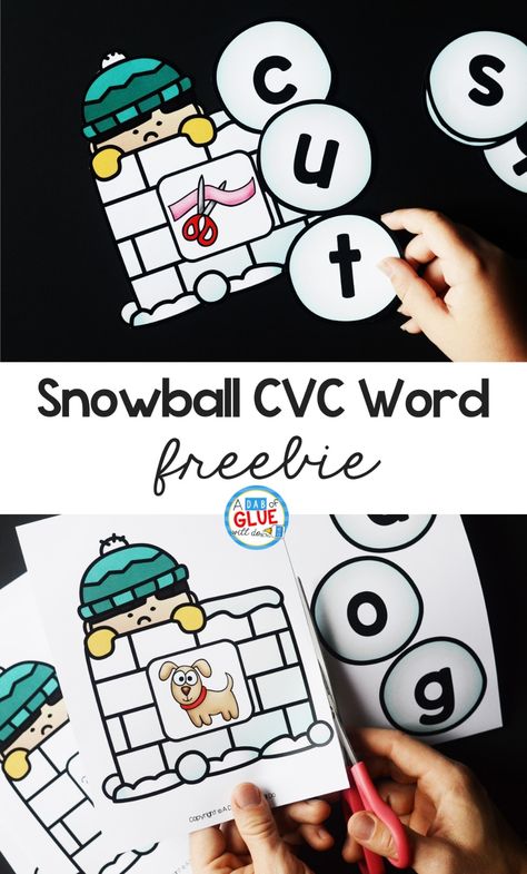 Kindergarten Phonetics, Snow Kindergarten, Winter Centers Kindergarten, Winter Literacy Activities, Winter Centers, Cvc Games, January Kindergarten, Word Building Activities, Snowman Theme