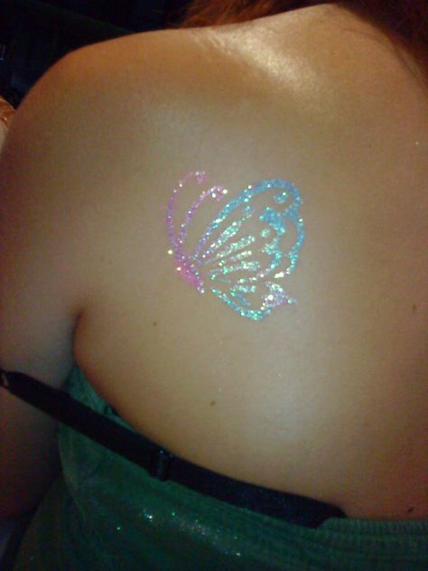 Glitter Butterfly Tattoo, Glitter Tattoo Permanent, Gig Outfits, Gig Outfit, Glitter Bar, Uv Tattoo, Instagram Goals, Barbie Summer, Summer Tattoo