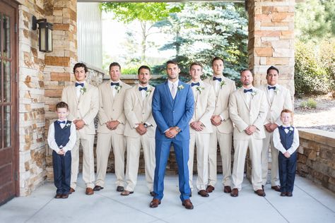 Mens Tuxedo Styles Wedding, Spring Groomsmen Attire Color Schemes, Grooms Photos, Groomsmen Attire Beach Wedding, Champagne Gold Bridesmaid Dresses, Tan Groomsmen, Blue Tuxedo Wedding, Blue Groomsmen Suits, Outfit Coordination