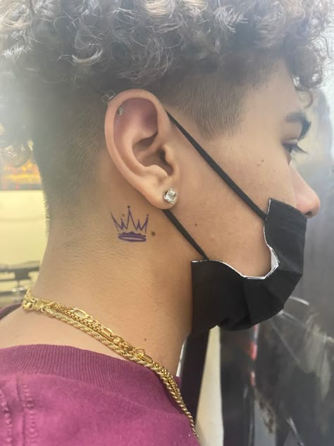 #tattooideas #mentattoo #summer #arizona #travel #yolo #tiktok Crown Behind Ear Tattoo Men, Back Ear Tattoo Men Guys, Behind Ear Tattoo Men Design, Name Tattoo With Crown, Behind The Ear Tattoo Ideas For Men, Daughter Name Tattoo, Ear Tattoo Men, Small Neck Tattoos Men, Behind Ear Tattoo Men