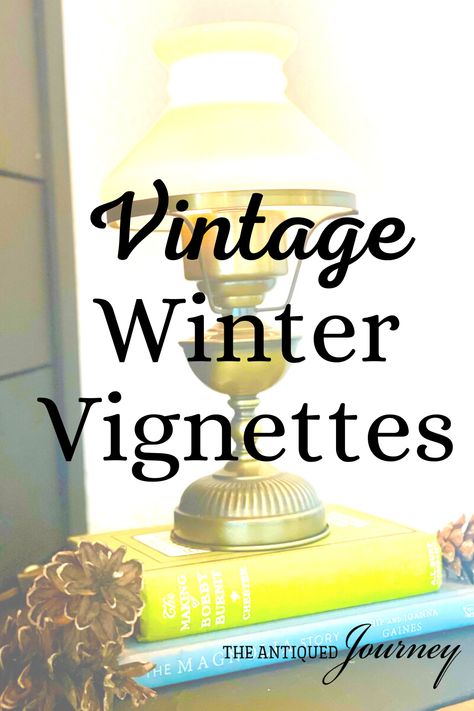 A cozy and warm home is the key to embracing this winter season. If you want your home to feel like a Pendleton blanket and cup of hot coffee, vintage winter decor and vignettes help to achieve just that! Vintage Winter Decor Ideas, Winter Vingette Ideas, Vinettes Vignettes Decorating Ideas, Coffee Table Vinyettes, Fall Vingette Ideas, Vintage Winter Decor, Winter Vignettes, Decorating For Winter, Winterscape Vintage Art