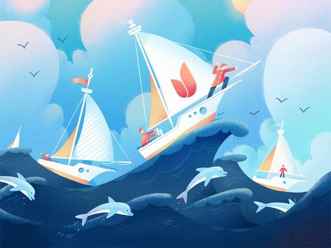 Catching the wave by Dzmitry Kazak Pirate Illustration, Wave Illustration, Kawaii Background, Beach Illustration, Book Illustration Art, Pretty Drawings, Design Jobs, Web Design Company, Wave Design