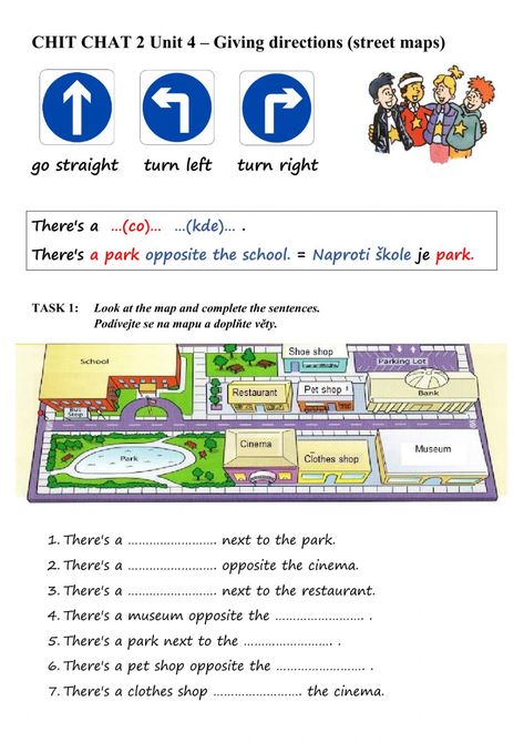 ChitChat2 Unit4 - Giving directions (street maps) worksheet Positional Words Kindergarten, Turn Left Turn Right, Preposition Worksheets, Punctuation Worksheets, Word Skills, Map Worksheets, First Grade Worksheets, First Day Of School Activities, Give Directions