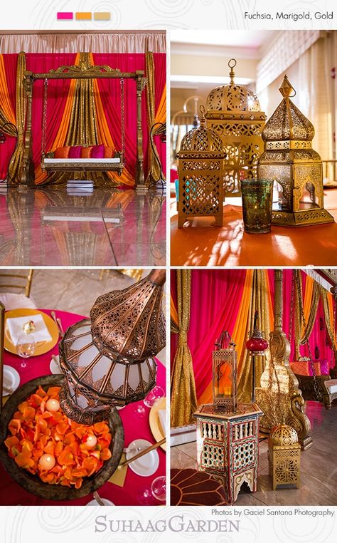 This Arabesque Sangeet inspiration features a Drape and Lantern Backdrop Focal Point with a Jhula Swing. Indoor Serpentine Benches are used as Lounge Décor while Casablanca Lantern Groupings, Keyhole Centerpieces, and Ornate Moroccan Lanterns are used as centerpieces. #decorbysuhaaggarden #suhaaggarden #stylingwithjilna #indianwedding #southasianwedding #bigfatindianwedding #floridaweddings #destinationweddings #weddingphotography #luxuryeventstylists #florida #orlando #tampa #newyorkweddings Sangeet Decoration Ideas, Lantern Backdrop, Sangeet Inspiration, Arabian Theme Party, Arabian Theme, Sangeet Decor, Biltmore Wedding, Florida Orlando, Wedding Moodboard