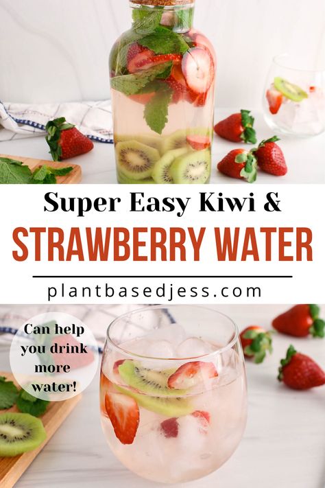 View on a glass of strawberry kiwi water. Strawberry Kiwi Water, Mango Water Recipe, Vegan Picnic Food, Kiwi Water, Natural Flavored Water, Strawberry Infused Water, Homemade Electrolyte Drink, Lemon Infused Water, Vegan Picnic