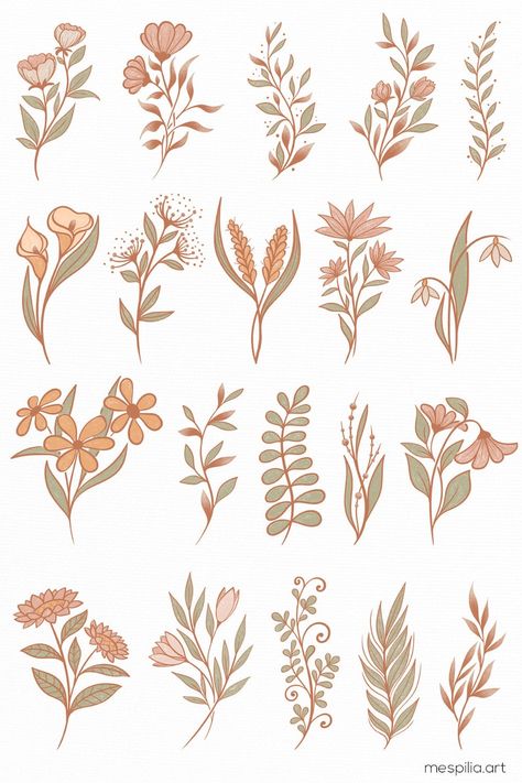 Flower Design For Notebook, Brown Flowers Drawing, Brown Flowers Painting, Aesthetic Flower Illustration, Ready To Print Stickers, Boho Flower Print, Flowers Digital Drawing, Boho Flower Illustration, Beige Stickers Aesthetic