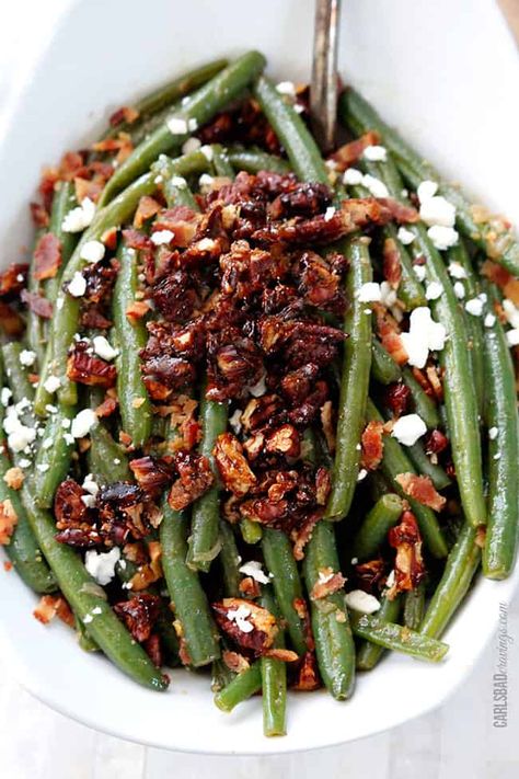 Stovetop Thanksgiving Sides, Maple Green Beans, Best Green Beans Ever, Healthy Thanksgiving Dinner, Caramelized Pecans, Thanksgiving Green Beans, Easy Thanksgiving Sides, Beans With Bacon, Roasted Root Veggies