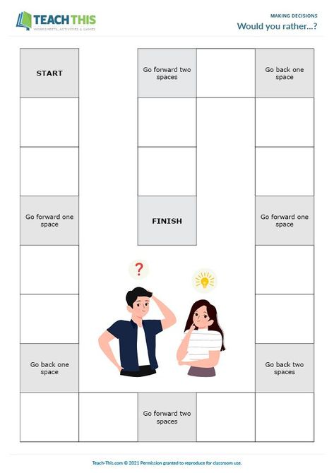 ESL Making Decisions Board Game - Reading, Listening and Speaking Activity - Intermediate (B1) - 25 minutes In this free decision making board game, students discuss 'Would you rather...?' questions with a partner and race to make decisions that they both agree on along with a justified reason for each answer. Making Good Decisions Activities, Decision Making Worksheet, Making Difficult Decisions, How To Take Right Decision, Good Decision Making, Decision Making Activities, Speaking Activity, Esl Games, Making Decisions