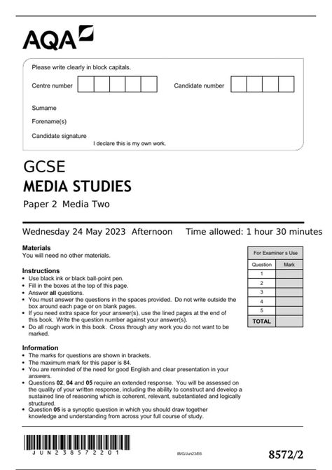 aqa-gcse-media-studies-paper-2-media-two-wednesday-24-may-2023 Media Studies Gcse, Media Studies, Practice Exam, May 2023, Question Mark, Mood Board, Writing, Collage, Media