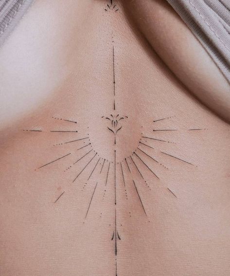 Sternum Sun Tattoo, Sternum Ornamental Tattoo, Celestial Sternum Tattoo, Ornamental Sun Tattoo, Sun Sternum Tattoo, Fine Line Sternum Tattoo, Sunburst Tattoo, Sternum Tattoo Design, Athena Tattoo