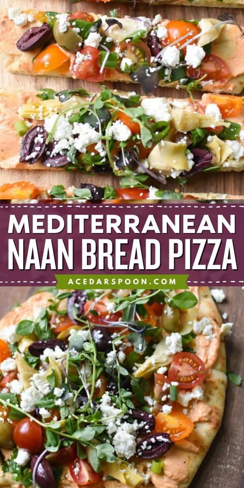 Here's an easy lunch recipe that's also a great dinner idea for tonight! You can even enjoy this naan pizza as a simple appetizer or snack idea. Spread with a layer of hummus and finished with toppings, this Mediterranean Naan Bread Pizza is healthy and delicious! Medatrainian Recipes Dinners, Naan Toppings Recipes, Naan Bread Ideas Healthy, Naan Wrap Recipes, Flatbread Appetizer Recipes, Recipes With Naan Bread Dinners, Naan Flatbread Recipes Healthy, Dinner With Naan Bread, Naan Recipe Ideas