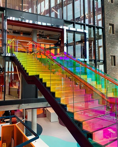 Colorful Stairs, Food Illustration Design, Public Space Design, Glass Staircase, Facade Lighting, Marketing News, Hospital Design, Glass Railing, Adaptive Reuse