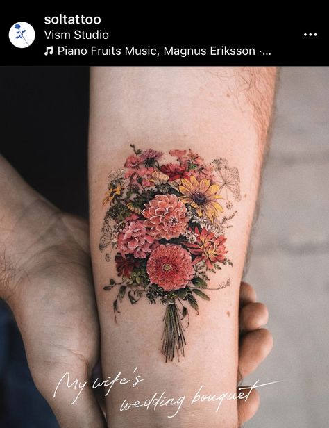 Colored Bouquet Tattoo, Bridal Bouquet Tattoo, Antique Flower Tattoo, Wild Flower Bouquet Tattoo, Wedding Bouquet Tattoo, Flower Bouquet Tattoos, Tattoo Inner Bicep, Delicate Feminine Tattoos, Tattoo Planning