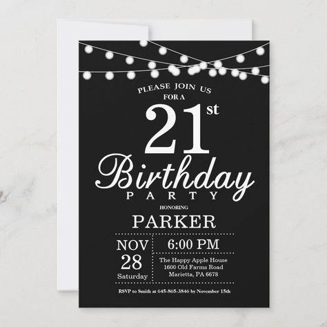 21st Birthday Invitation Black and White | #adultbirthday #birthdayparty #womenbirthday #stringlights #classicmilestonemodernbirthday #21stbirthday #twentyonebirthday #twentyfirstbirthday #menorwomenbirthday #blackandwhite 18th Birthday Invitation, 21st Invitations, 13th Birthday Invitations, 77th Birthday, Fifteenth Birthday, Birthday Men, Twenty First Birthday, Thirteenth Birthday, Eighteenth Birthday