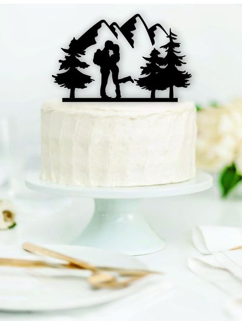 Wood Wedding Cake, Bride Groom Cake Topper, Mountain Wedding Cake, Wood Cake Topper Wedding, Hiking Couple, Wood Wedding Cakes, Camping Cakes, Outdoor Bride, Groom Cake