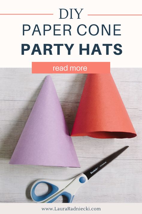 Learn how to make a cone out of paper, and now to turn that paper cone into a DIY party hat in this easy craft tutorial! Paper Party Hats Diy, How To Make A Birthday Hat, How To Make A Cone Hat, How To Make A Cone, How To Make A Party Hat, How To Make A Paper Cone, Cone Hat Pattern, Cone Hat Diy, Make A Cone Out Of Paper