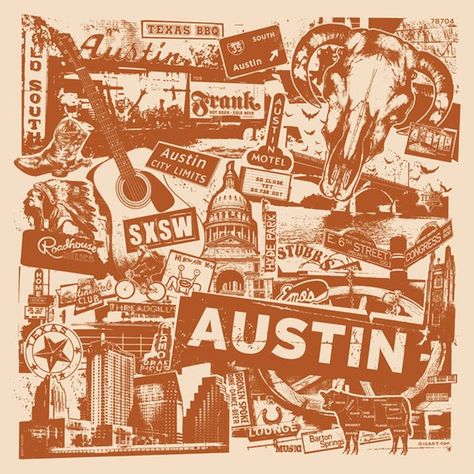 This art print created by GIGART is great for anyone living in Austin, Texas, or just a fan of the city. It is a nice collage of the many famous and historical sites and imagery.  Size: 17 x 17 inch / 1 Color Silk Screen / Cream French Speckletone Paper Texas Collage, Austin Motel, Product Poster, Hook Em Horns, Texas Decor, Ut Austin, Texas Forever, Texas Bbq, Texas Art