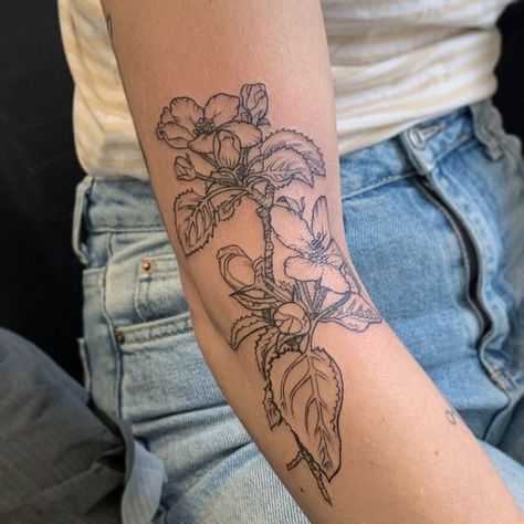 Floral With Words Tattoo, Flowering Tree Tattoo, Many Small Tattoos Arm, Apple Flowers Tattoo, Apple Blossom Tree Tattoo, Wildflower Tattoo Linework, Crab Apple Tree Tattoo, Bougainvillea Tattoo, Arch Tattoo